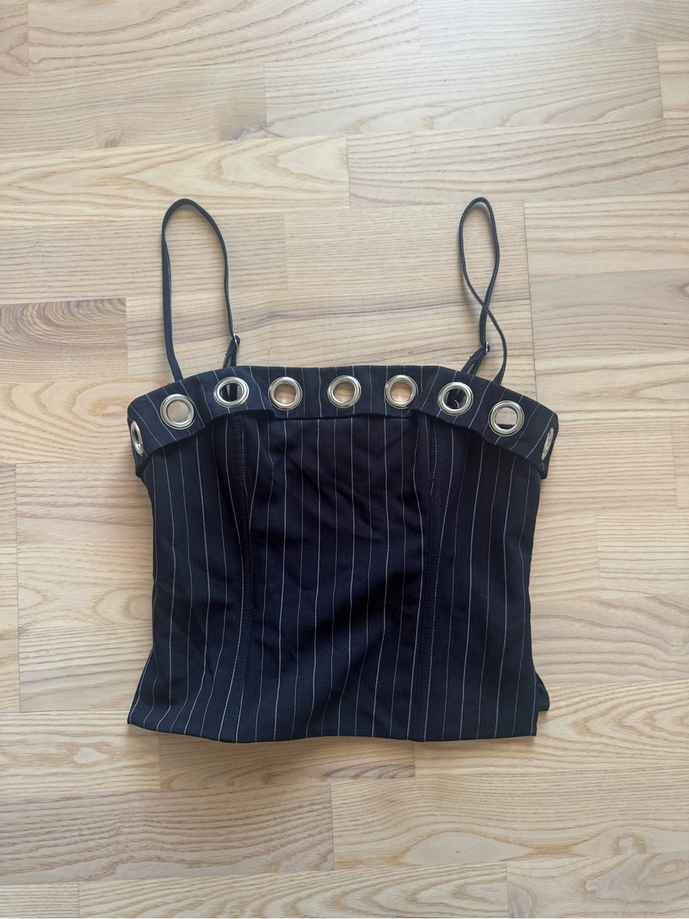 White Fox Boutique Black Pinstripe Grommet Cami
